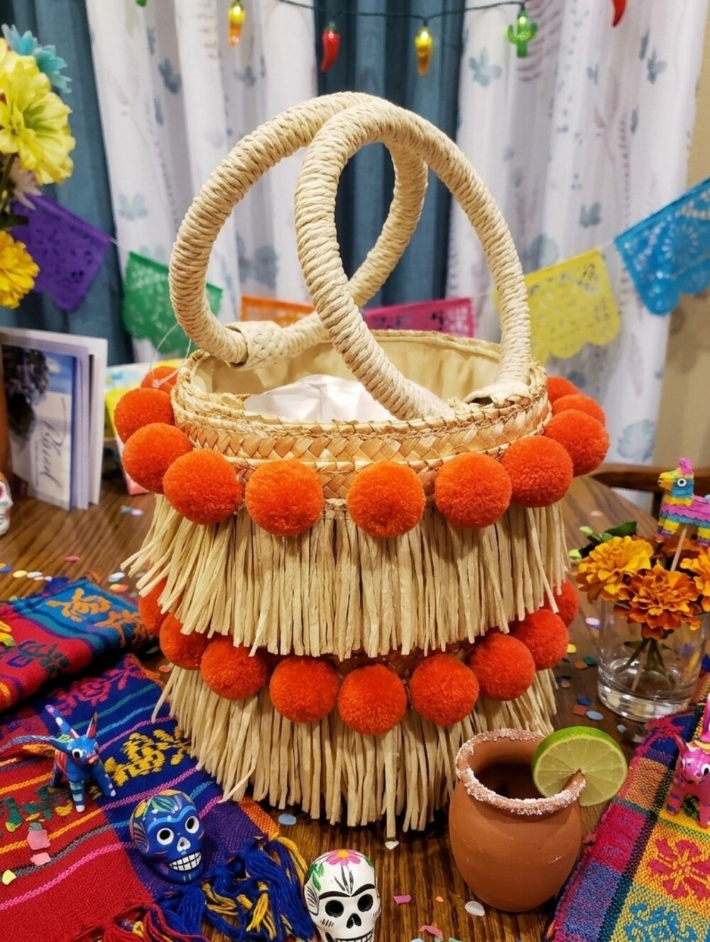 Boho Straw Fringe Tote with Orange Pom Poms - Picture 2 of 2